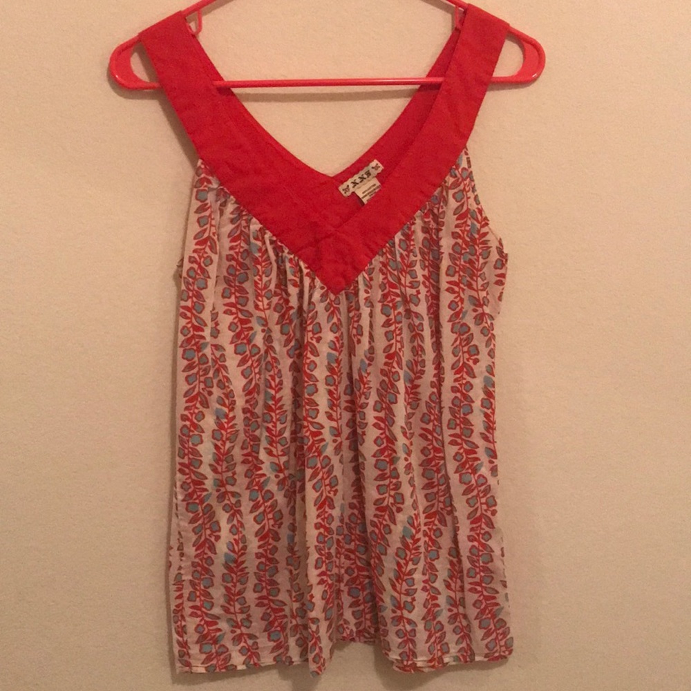 Floral, red and teal cotton blouse